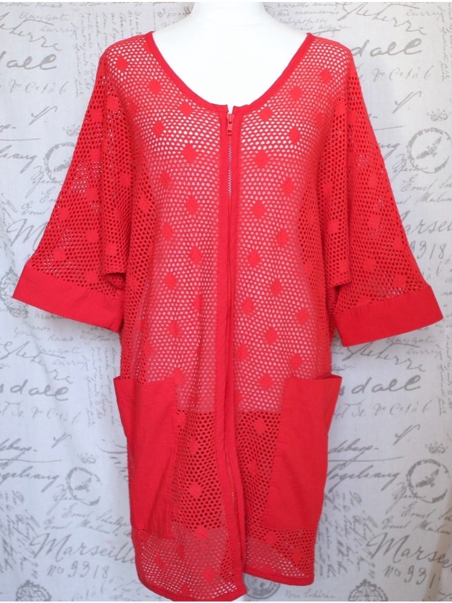 Vintage Laura Kidd Studios Red Beach Cover Up Knit Mesh Tunic Dress Size Small